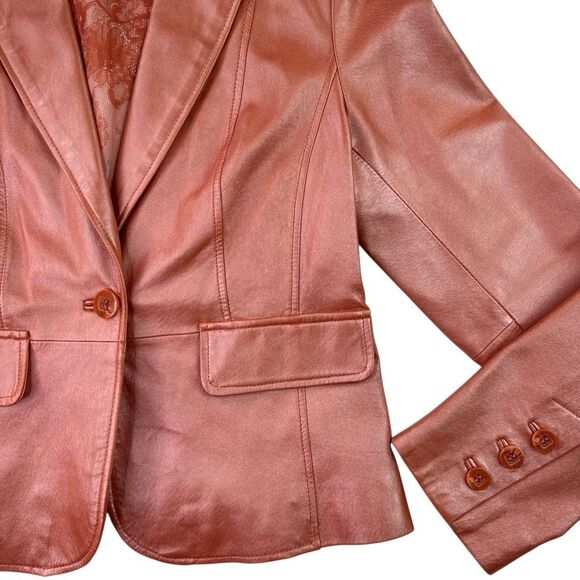 Vintage 90s Worthington Pink Coral Pearl Leather Jacket Fitted Size Medium EUC - Picture 3 of 10